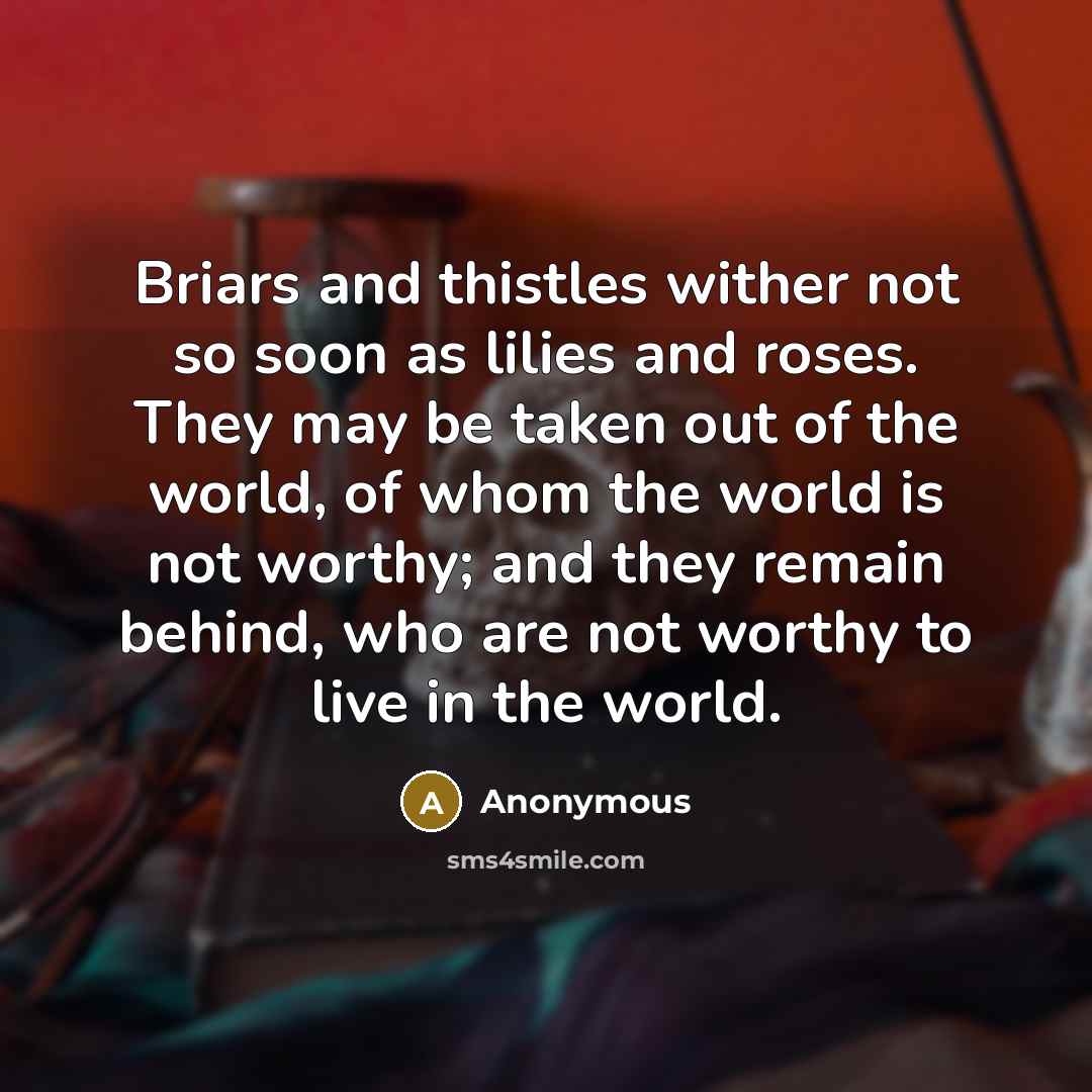 “Briars and thistles wither not so soon as lilies and roses. They may be taken out of the world, of whom the world is not worthy; and they remain behind, who are not worthy to live in the world.” quote by Anonymous