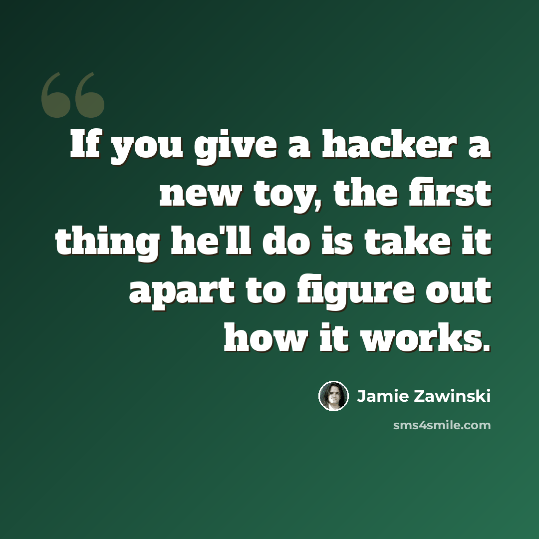“If you give a hacker a new toy, the first thing he'll do is take it apart to figure out how it works.” quote by Jamie Zawinski