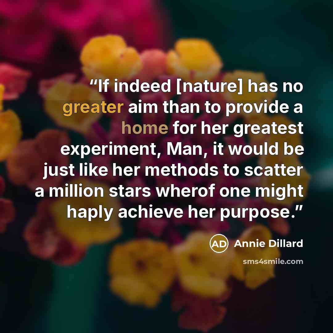 “If indeed [nature] has no greater aim than to provide a home for her greatest experiment, Man, it would be just like her methods to scatter a million stars wherof one might haply achieve her purpose.” quote by Annie Dillard