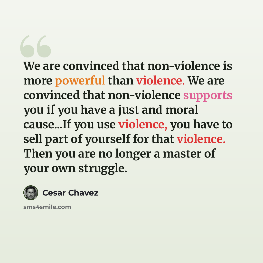“We are convinced that non-violence is more powerful than violence. We are convinced that non-violence supports you if you have a just and moral cause...If you use violence, you have to sell part of yourself for that violence. Then you are no longer a master of your own struggle.” quote by Cesar Chavez