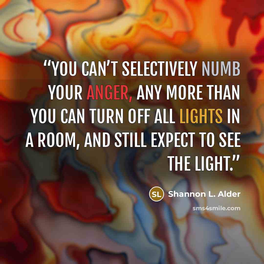 “You can’t selectively numb your anger, any more than you can turn off all lights in a room, and still expect to see the light.” quote by Shannon L. Alder