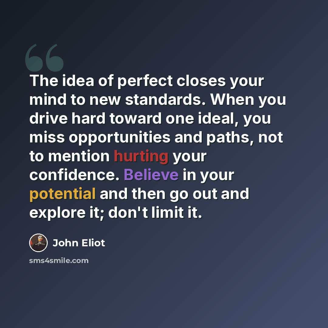 “The idea of perfect closes your mind to new standards. When you drive hard toward one ideal, you miss opportunities and paths, not to mention hurting your confidence. Believe in your potential and then go out and explore it; don't limit it.” quote by John Eliot