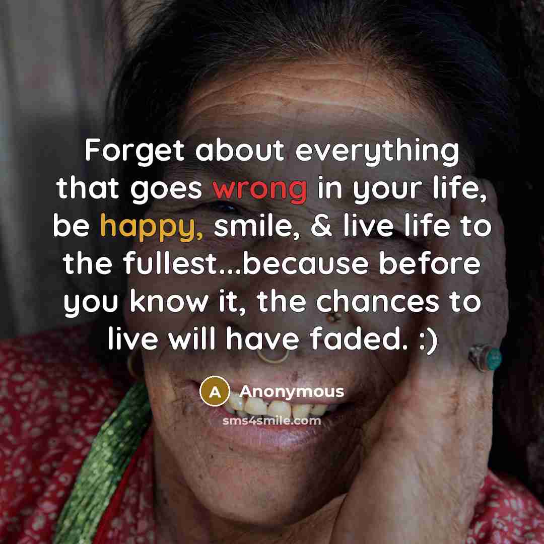 “Forget about everything that goes wrong in your life, be happy, smile, & live life to the fullest...because before you know it, the chances to live will have faded. :)” quote by Anonymous