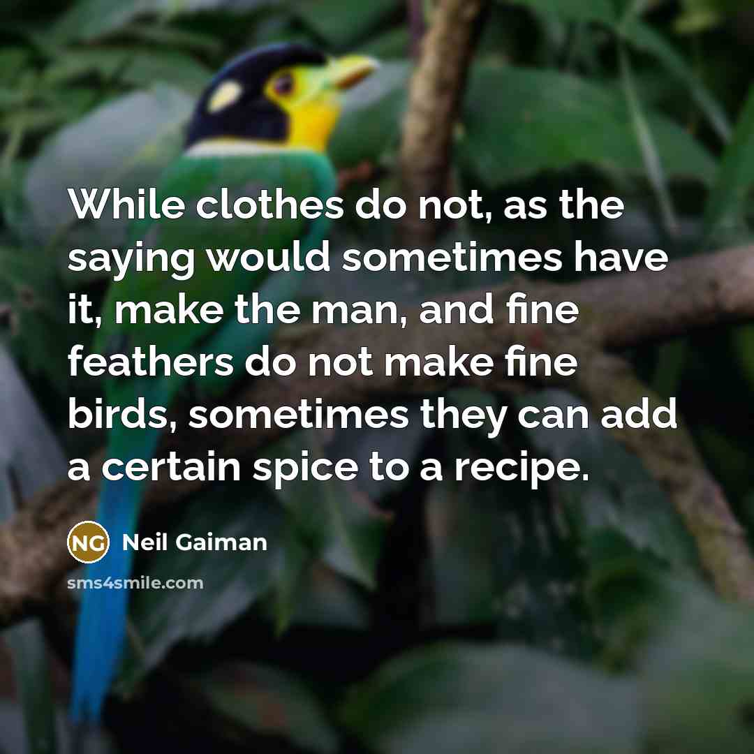 “While clothes do not, as the saying would sometimes have it, make the man, and fine feathers do not make fine birds, sometimes they can add a certain spice to a recipe.” quote by Neil Gaiman