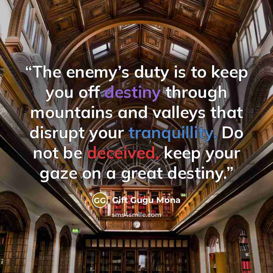 “The enemy’s duty is to keep you off destiny through mountains and valleys that disrupt your tranquillity. Do not be deceived, keep your gaze on a great destiny.” quote by Gift Gugu Mona