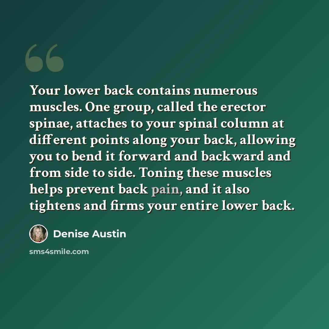 “Your lower back contains numerous muscles. One group, called the erector spinae, attaches to your spinal column at different points along your back, allowing you to bend it forward and backward and from side to side. Toning these muscles helps prevent back pain, and it also tightens and firms your…” quote by Denise Austin