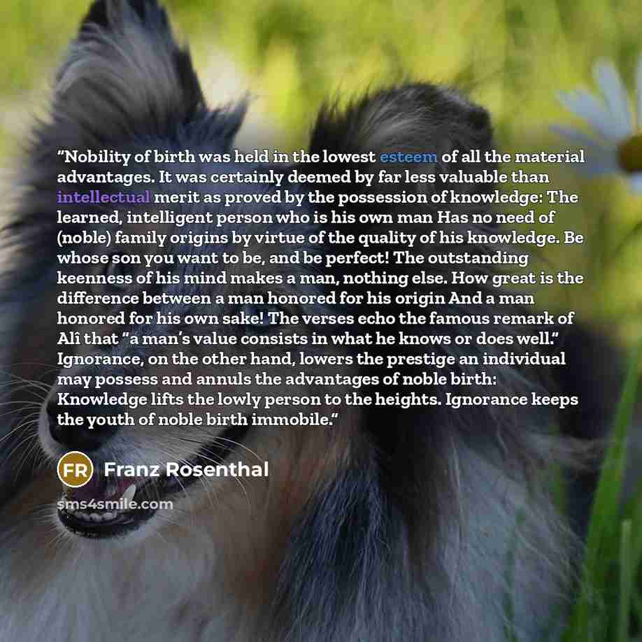 “Nobility of birth was held in the lowest esteem of all the material advantages. It was certainly deemed by far less valuable than intellectual merit as proved by the possession of knowledge: The learned, intelligent person who is his own man Has no need of (noble) family origins by virtue of the…” quote by Franz Rosenthal