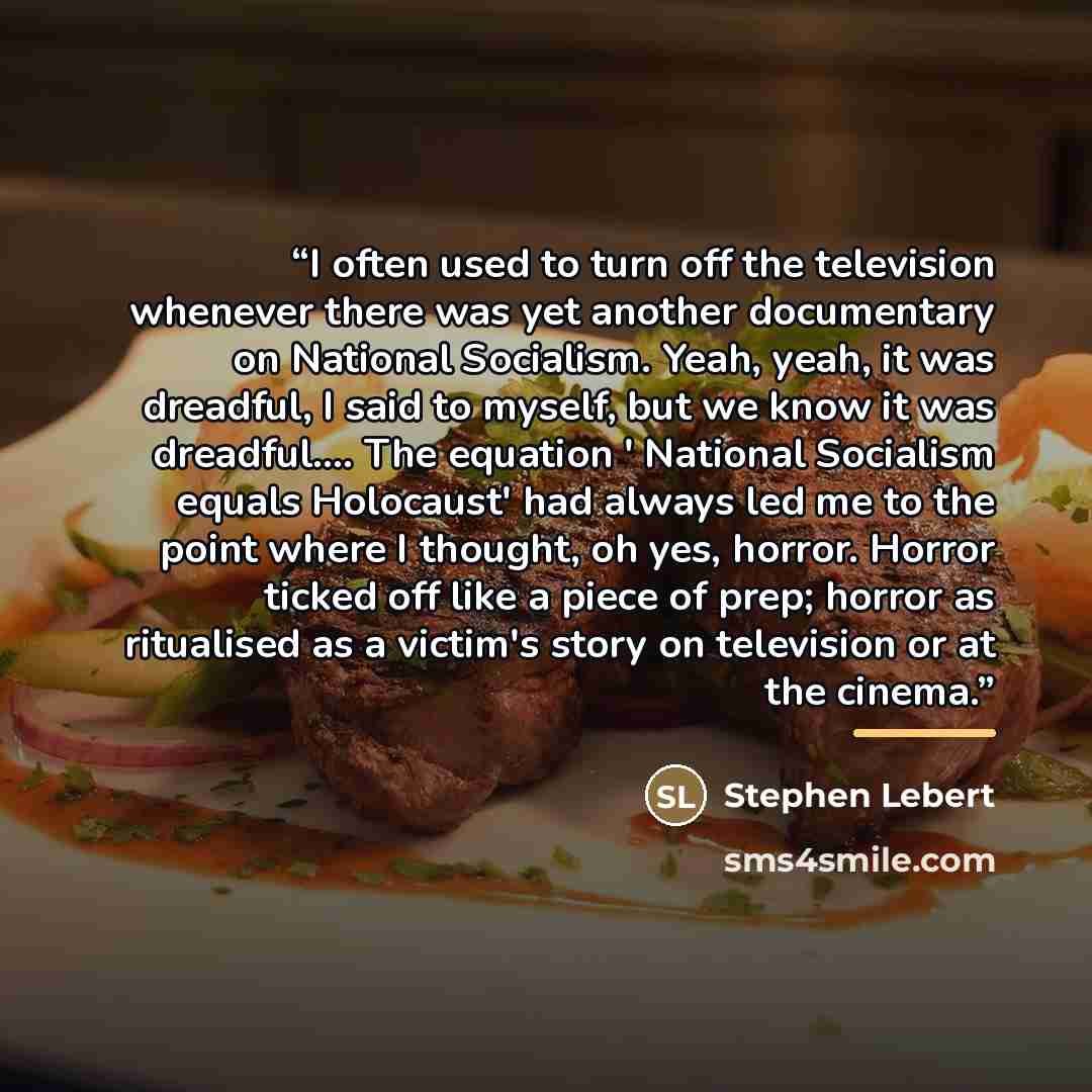 “I often used to turn off the television whenever there was yet another documentary on National Socialism. Yeah, yeah, it was dreadful, I said to myself, but we know it was dreadful… The equation ' National Socialism equals Holocaust' had always led me to the point where I thought, oh yes, horror…” quote by Stephen Lebert