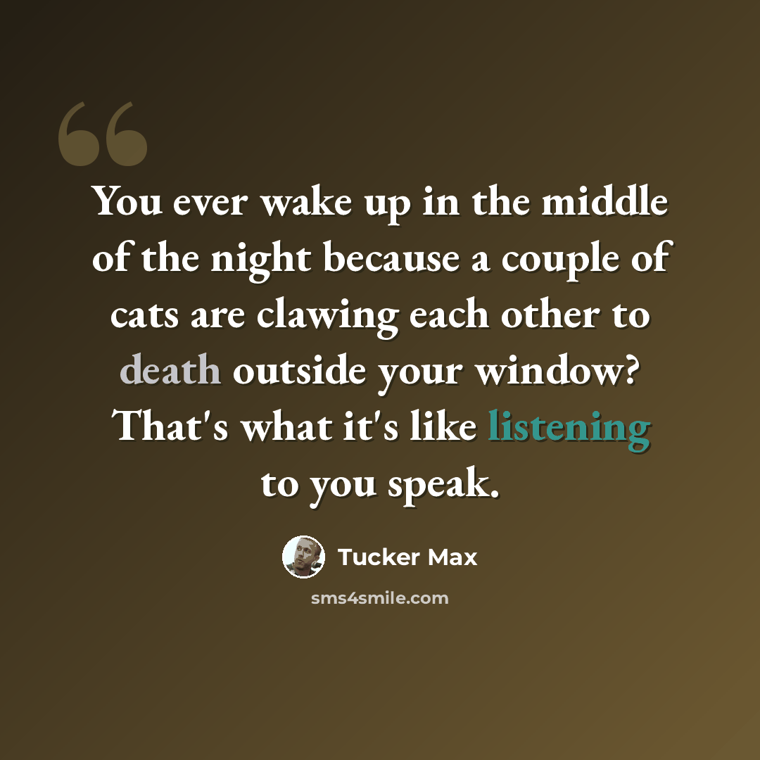 “You ever wake up in the middle of the night because a couple of cats are clawing each other to death outside your window? That's what it's like listening to you speak.” quote by Tucker Max