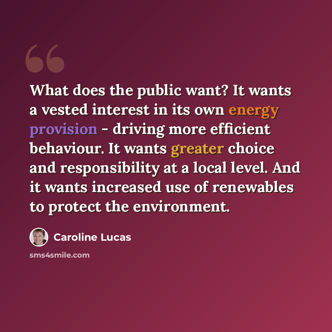 “What does the public want? It wants a vested interest in its own energy provision - driving more efficient behaviour. It wants greater choice and responsibility at a local level. And it wants increased use of renewables to protect the environment.” quote by Caroline Lucas