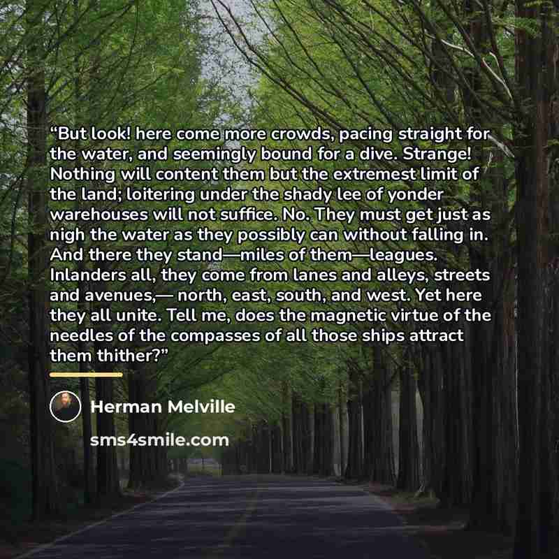 “But look! here come more crowds, pacing straight for the water, and seemingly bound for a dive. Strange! Nothing will content them but the extremest limit of the land; loitering under the shady lee of yonder warehouses will not suffice. No. They must get just as nigh the water as they possibly can…” quote by Herman Melville