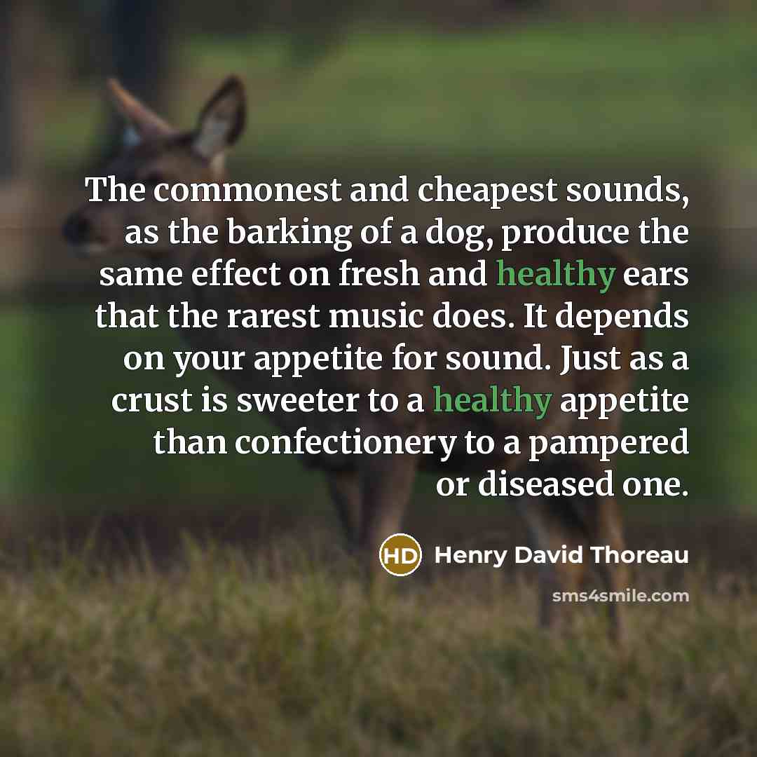 “The commonest and cheapest sounds, as the barking of a dog, produce the same effect on fresh and healthy ears that the rarest music does. It depends on your appetite for sound. Just as a crust is sweeter to a healthy appetite than confectionery to a pampered or diseased one.” quote by Henry David Thoreau