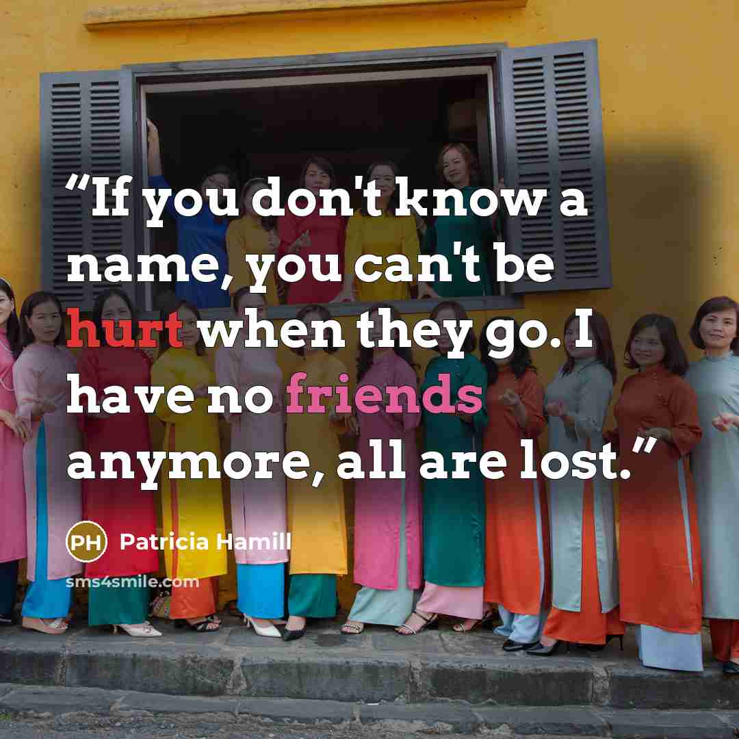 “If you don't know a name, you can't be hurt when they go. I have no friends anymore, all are lost.” quote by Patricia Hamill