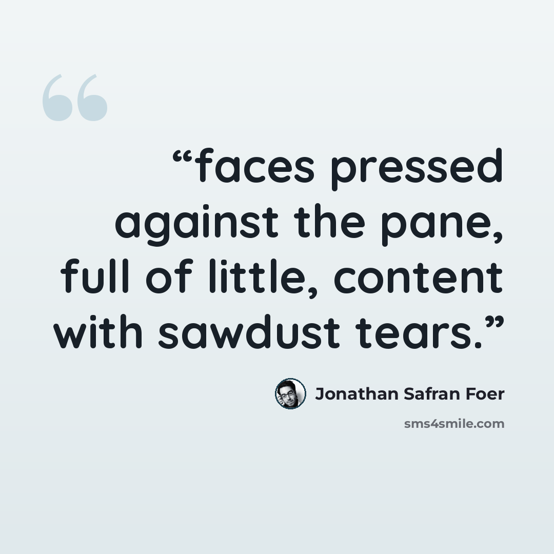 “faces pressed against the pane, full of little, content with sawdust tears.” quote by Jonathan Safran Foer