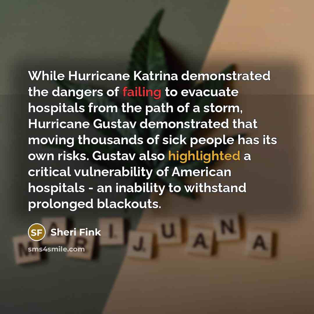 “While Hurricane Katrina demonstrated the dangers of failing to evacuate hospitals from the path of a storm, Hurricane Gustav demonstrated that moving thousands of sick people has its own risks. Gustav also highlighted a critical vulnerability of American hospitals - an inability to withstand…” quote by Sheri Fink