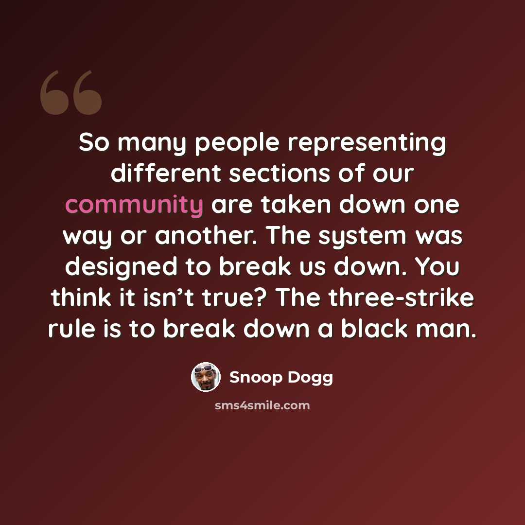 “So many people representing different sections of our community are taken down one way or another. The system was designed to break us down. You think it isn’t true? The three-strike rule is to break down a black man.” quote by Snoop Dogg