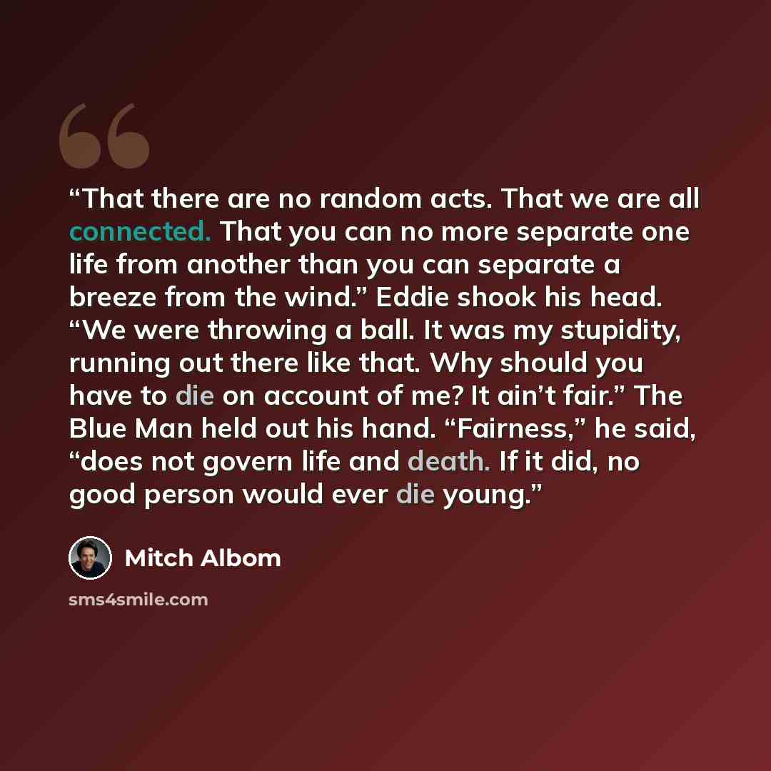 “That there are no random acts. That we are all connected. That you can no more separate one life from another than you can separate a breeze from the wind.” Eddie shook his head. “We were throwing a ball. It was my stupidity, running out there like that. Why should you have to die on account of…” quote by Mitch Albom