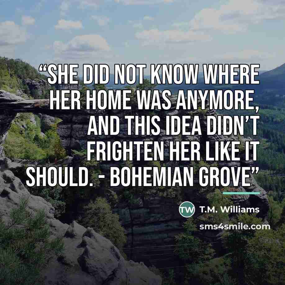 “She did not know where her home was anymore, and this idea didn’t frighten her like it should. - Bohemian Grove” quote by T.M. Williams