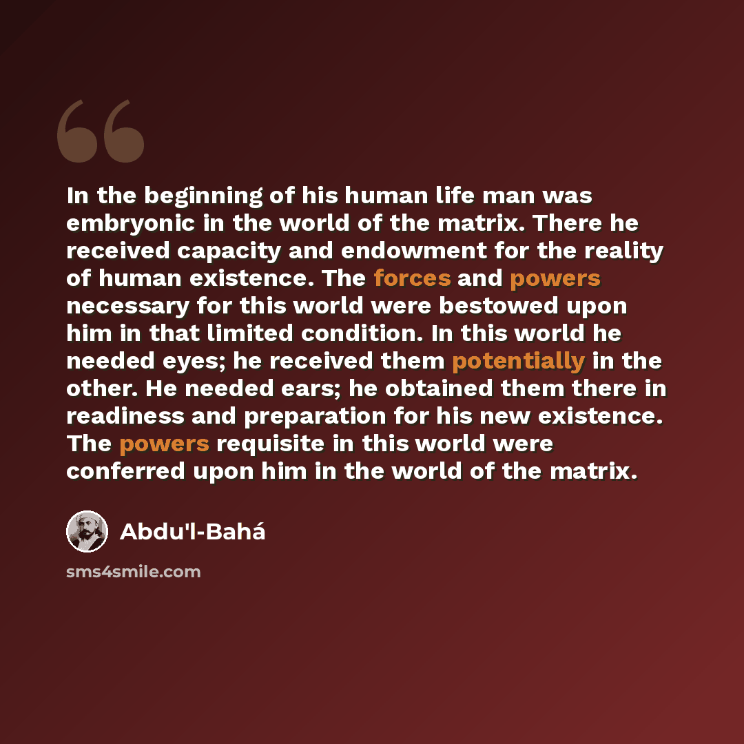“In the beginning of his human life man was embryonic in the world of the matrix. There he received capacity and endowment for the reality of human existence. The forces and powers necessary for this world were bestowed upon him in that limited condition. In this world he needed eyes; he received…” quote by Abdu'l-Bahá