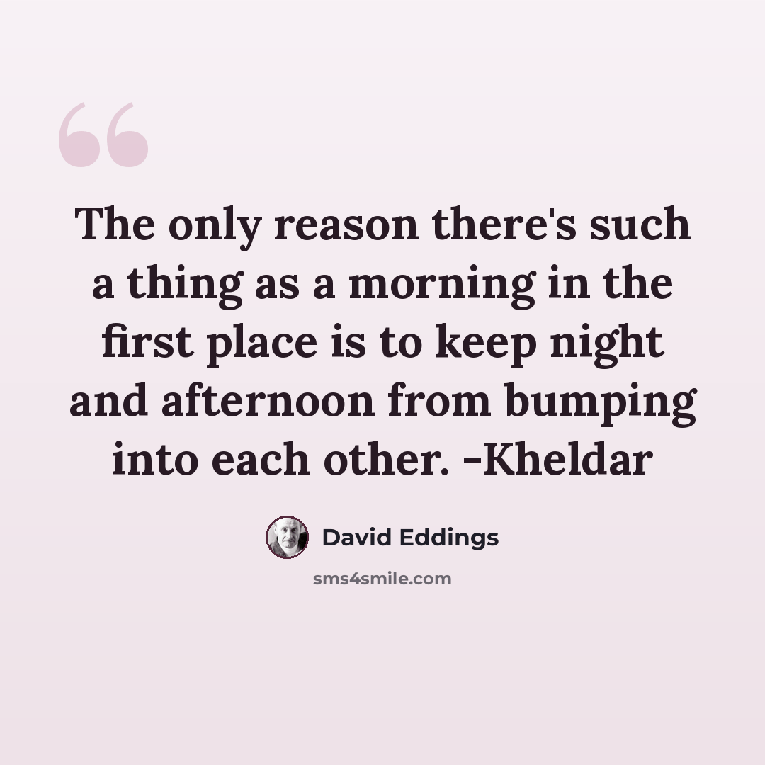 “The only reason there's such a thing as a morning in the first place is to keep night and afternoon from bumping into each other. -Kheldar” quote by David Eddings