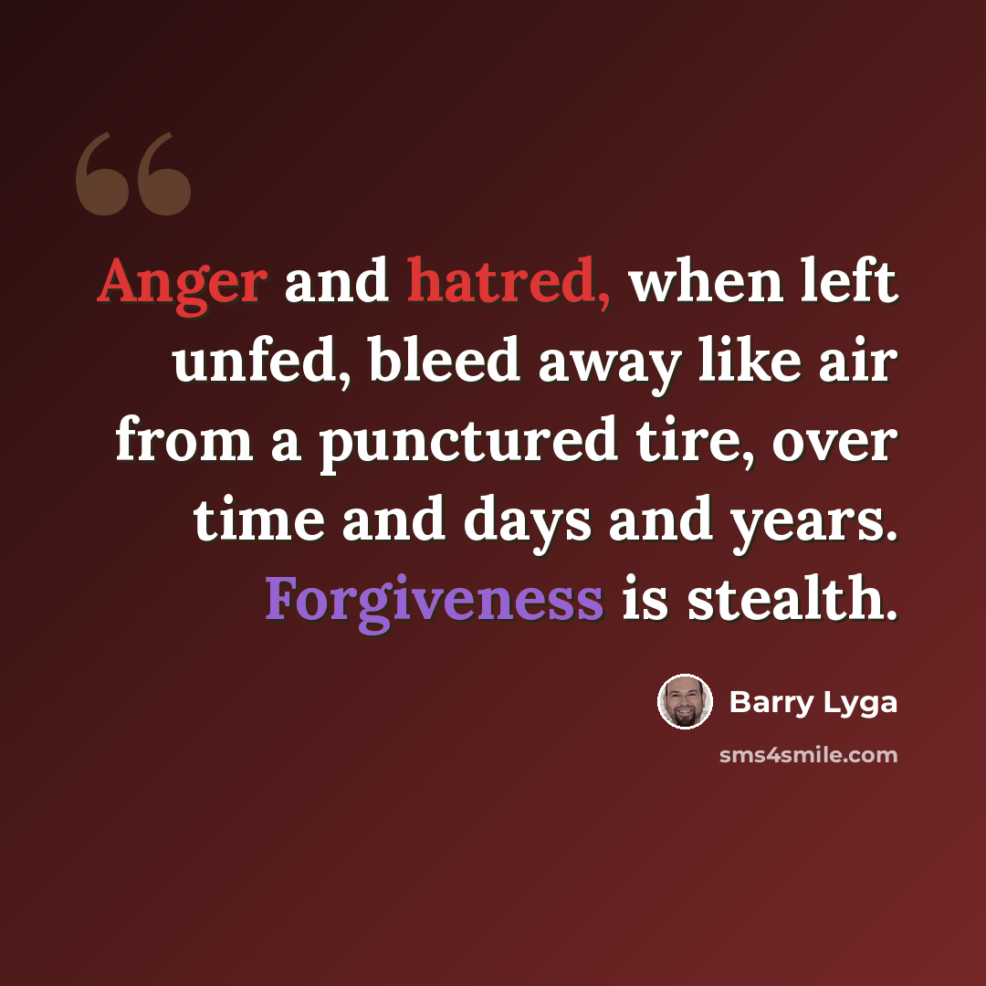 “Anger and hatred, when left unfed, bleed away like air from a punctured tire, over time and days and years. Forgiveness is stealth.” quote by Barry Lyga