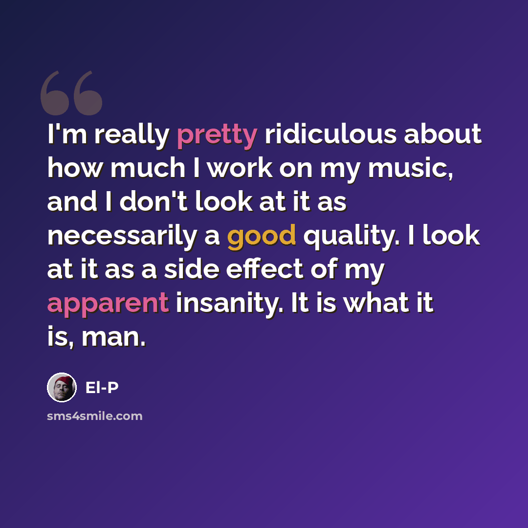 “I'm really pretty ridiculous about how much I work on my music, and I don't look at it as necessarily a good quality. I look at it as a side effect of my apparent insanity. It is what it is, man.” quote by El-P