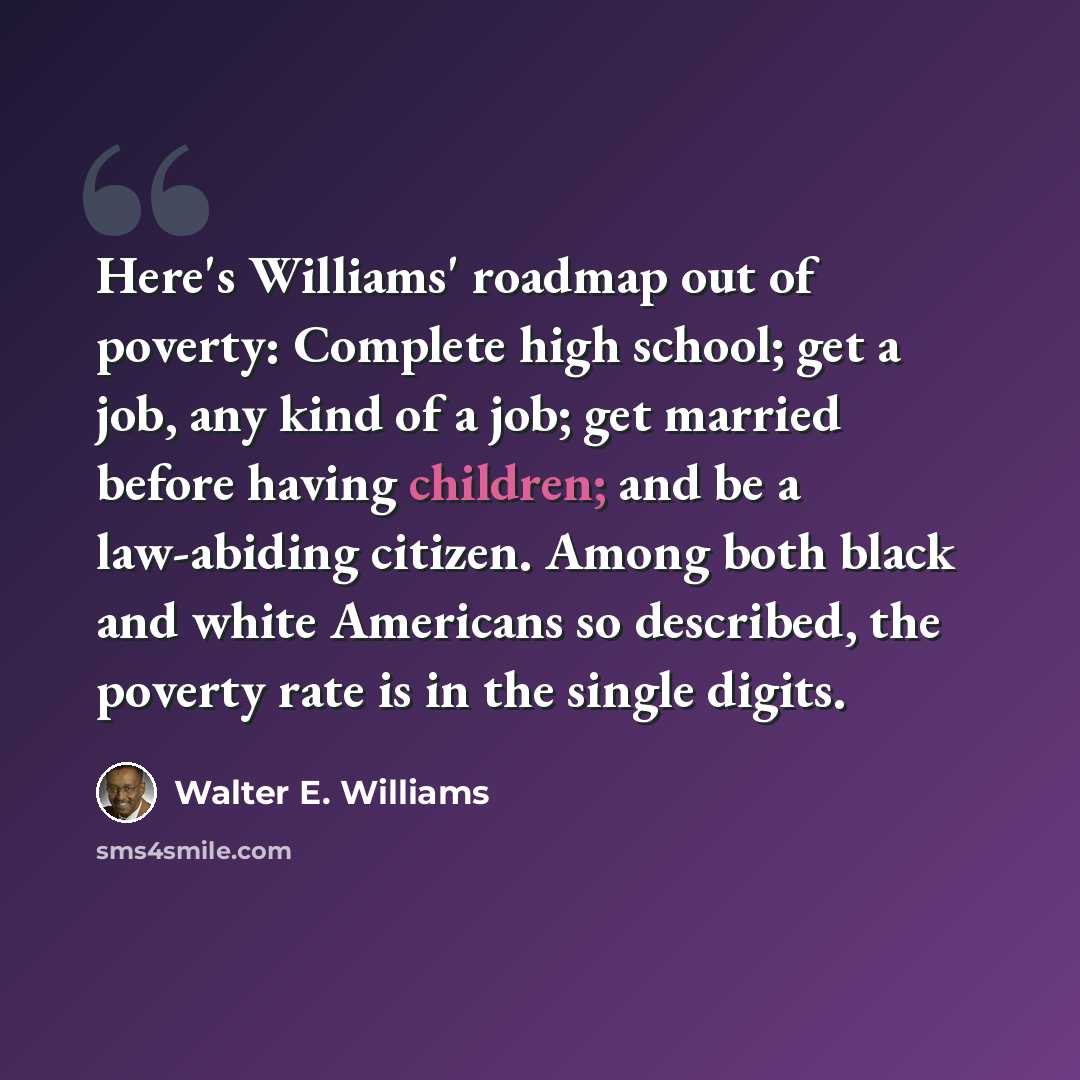 “Here's Williams' roadmap out of poverty: Complete high school; get a job, any kind of a job; get married before having children; and be a law-abiding citizen. Among both black and white Americans so described, the poverty rate is in the single digits.” quote by Walter E. Williams