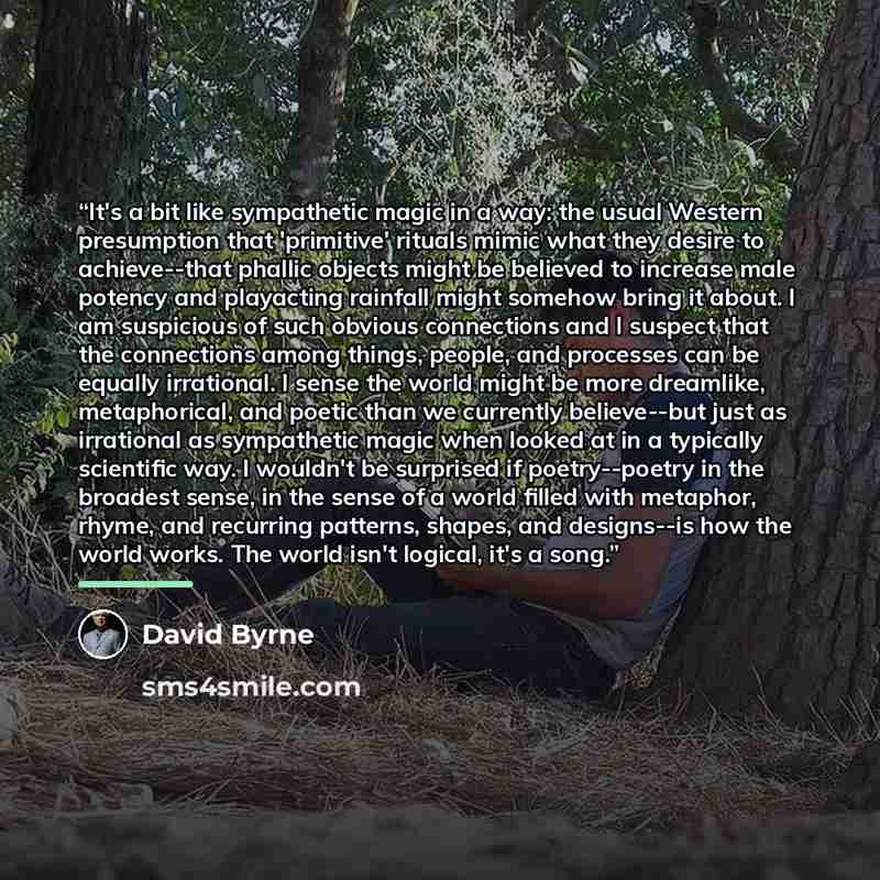 “It's a bit like sympathetic magic in a way: the usual Western presumption that 'primitive' rituals mimic what they desire to achieve--that phallic objects might be believed to increase male potency and playacting rainfall might somehow bring it about. I am suspicious of such obvious connections…” quote by David Byrne