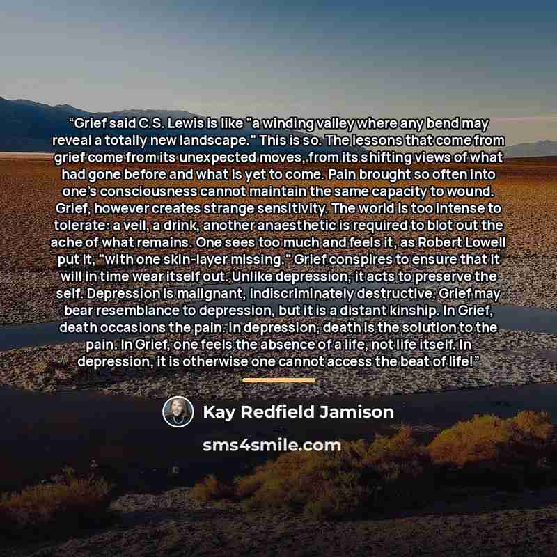 “Grief said C.S. Lewis is like "a winding valley where any bend may reveal a totally new landscape." This is so. The lessons that come from grief come from its unexpected moves, from its shifting views of what had gone before and what is yet to come. Pain brought so often into one's consciousness…” quote by Kay Redfield Jamison