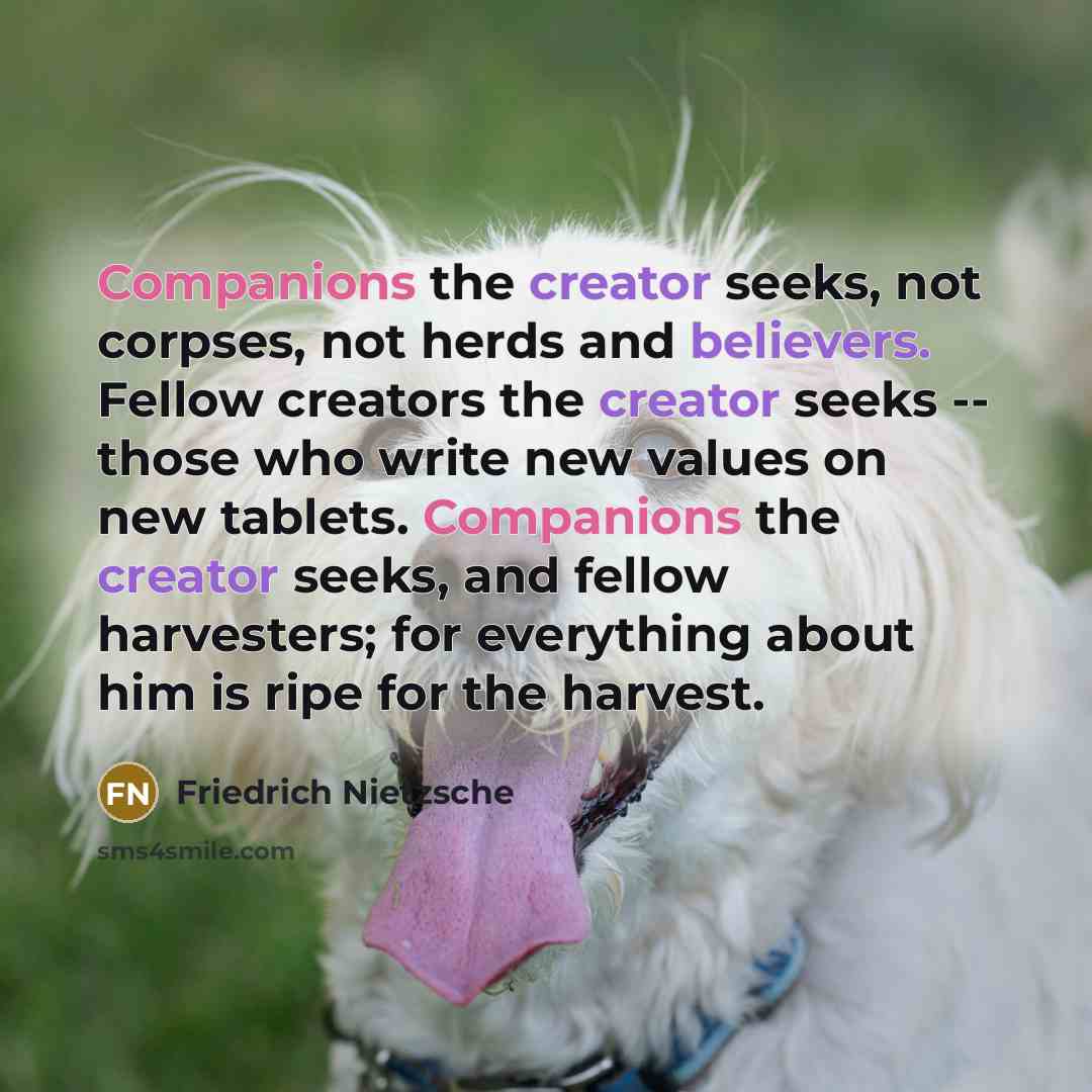 “Companions the creator seeks, not corpses, not herds and believers. Fellow creators the creator seeks -- those who write new values on new tablets. Companions the creator seeks, and fellow harvesters; for everything about him is ripe for the harvest.” quote by Friedrich Nietzsche