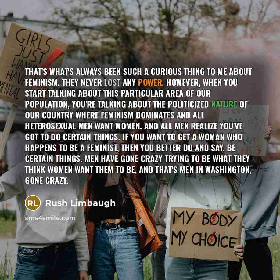“That's what's always been such a curious thing to me about feminism. They never lost any power. However, when you start talking about this particular area of our population, you're talking about the politicized nature of our country where feminism dominates and all heterosexual men want women. And…” quote by Rush Limbaugh