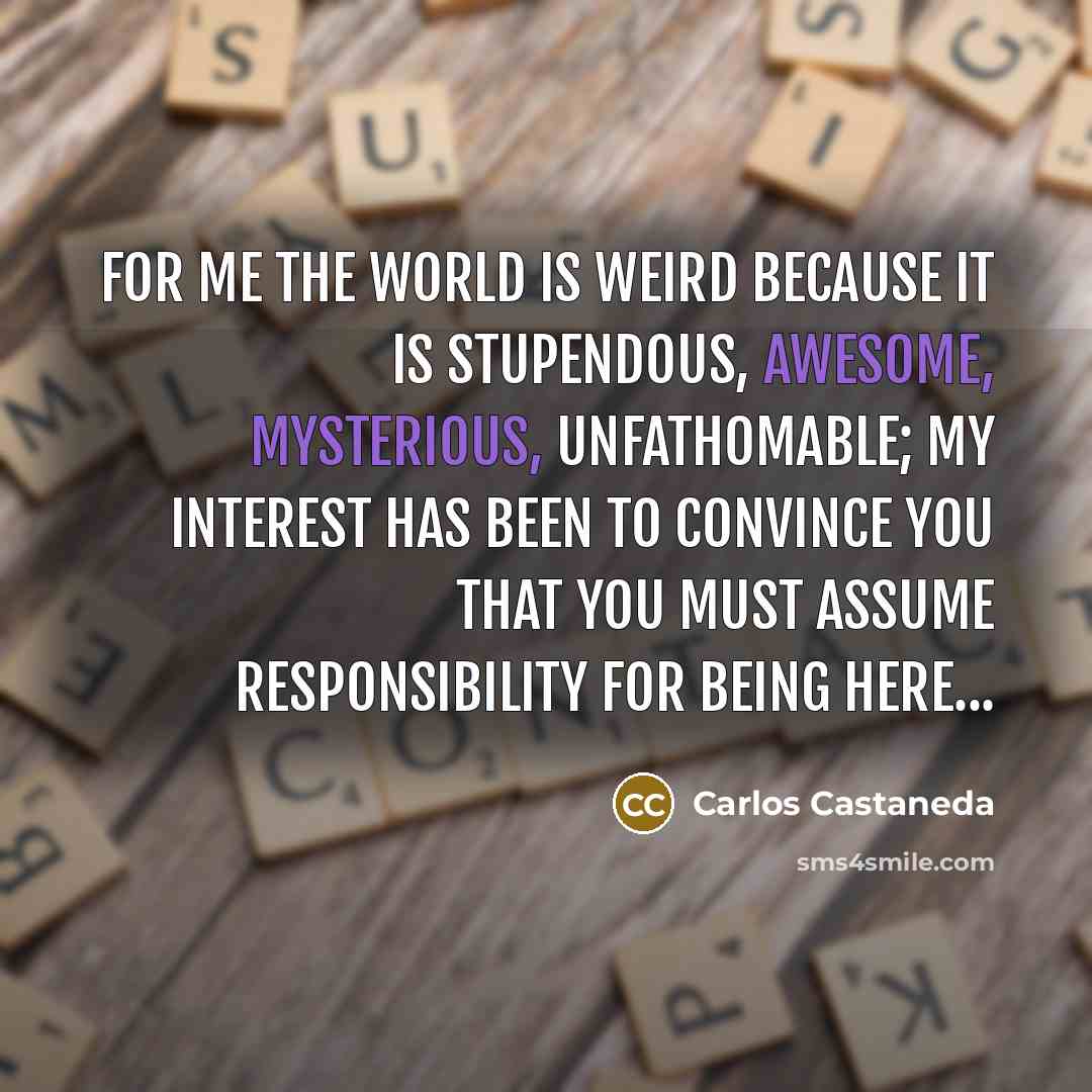 “For me the world is weird because it is stupendous, awesome, mysterious, unfathomable; my interest has been to convince you that you must assume responsibility for being here...” quote by Carlos Castaneda