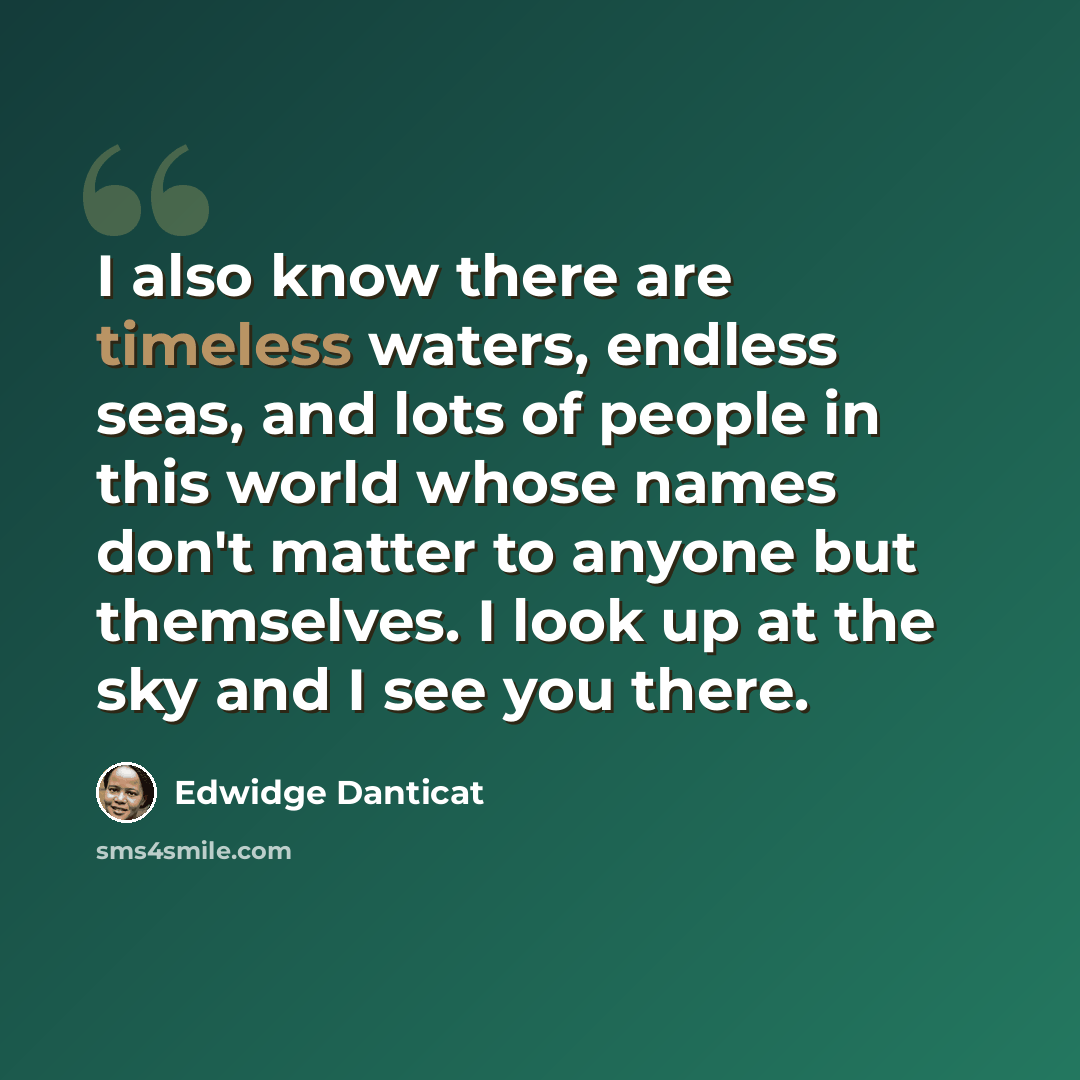 “I also know there are timeless waters, endless seas, and lots of people in this world whose names don't matter to anyone but themselves. I look up at the sky and I see you there.” quote by Edwidge Danticat