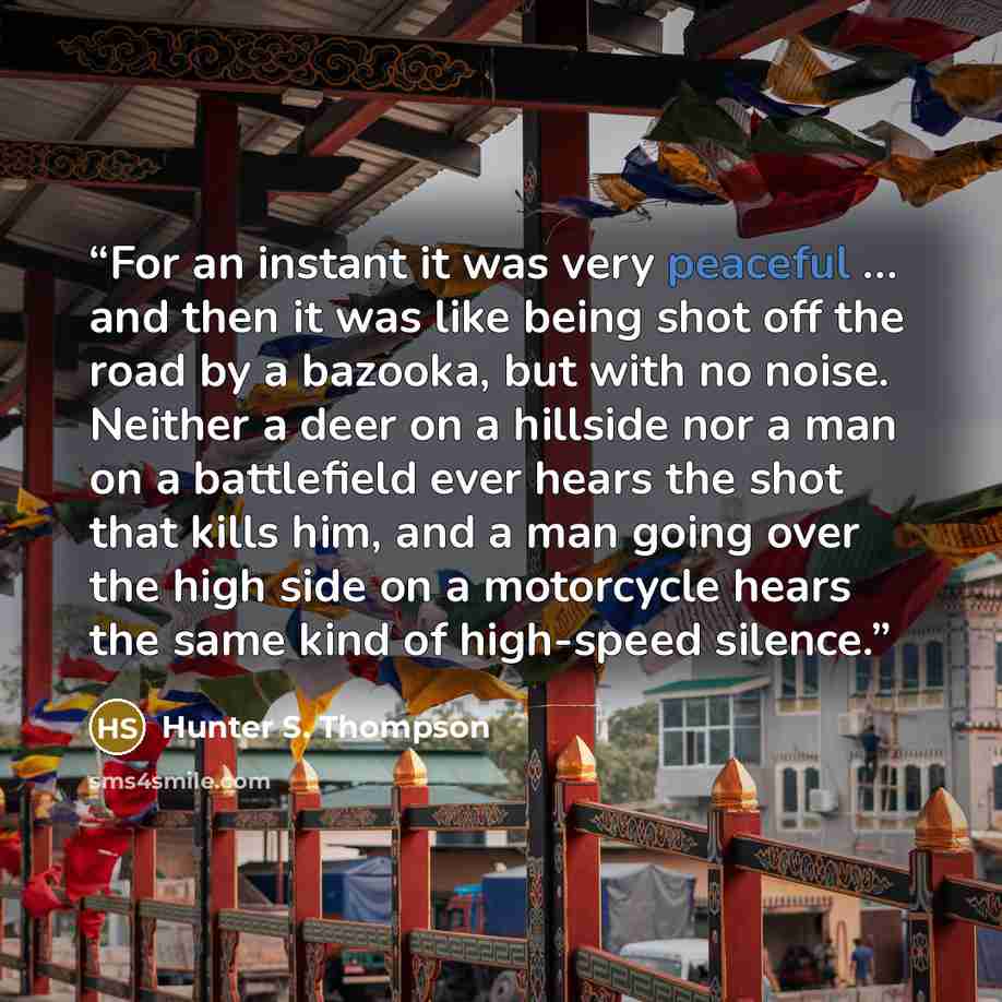 “For an instant it was very peaceful … and then it was like being shot off the road by a bazooka, but with no noise. Neither a deer on a hillside nor a man on a battlefield ever hears the shot that kills him, and a man going over the high side on a motorcycle hears the same kind of high-speed…” quote by Hunter S. Thompson