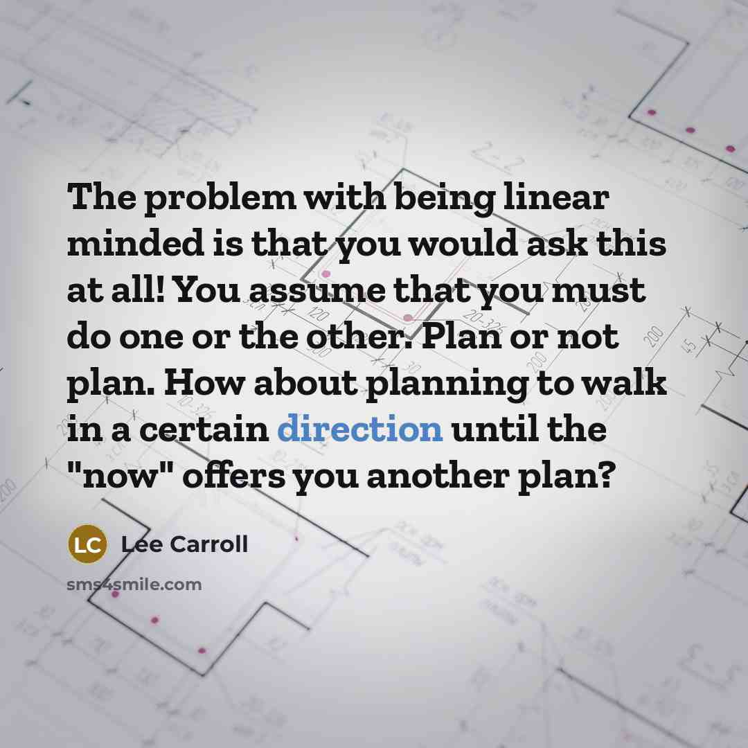 “The problem with being linear minded is that you would ask this at all! You assume that you must do one or the other. Plan or not plan. How about planning to walk in a certain direction until the "now" offers you another plan?” quote by Lee Carroll