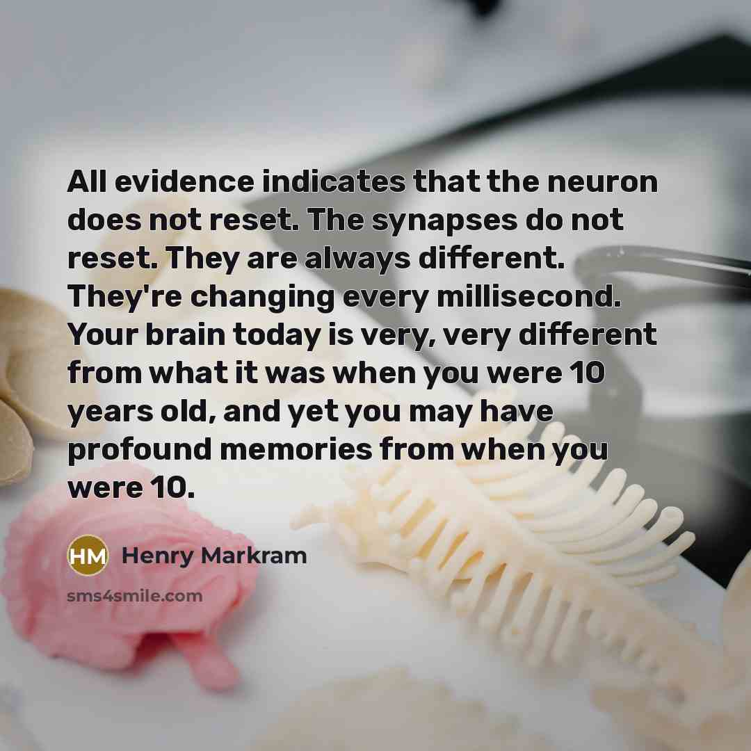“All evidence indicates that the neuron does not reset. The synapses do not reset. They are always different. They're changing every millisecond. Your brain today is very, very different from what it was when you were 10 years old, and yet you may have profound memories from when you were 10.” quote by Henry Markram
