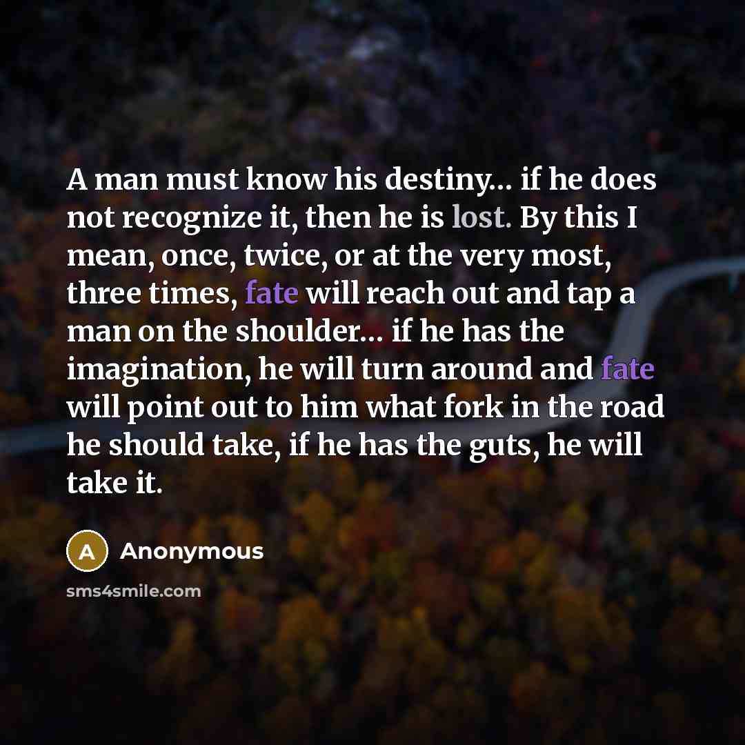 “A man must know his destiny… if he does not recognize it, then he is lost. By this I mean, once, twice, or at the very most, three times, fate will reach out and tap a man on the shoulder… if he has the imagination, he will turn around and fate will point out to him what fork in the road he should…” quote by Anonymous