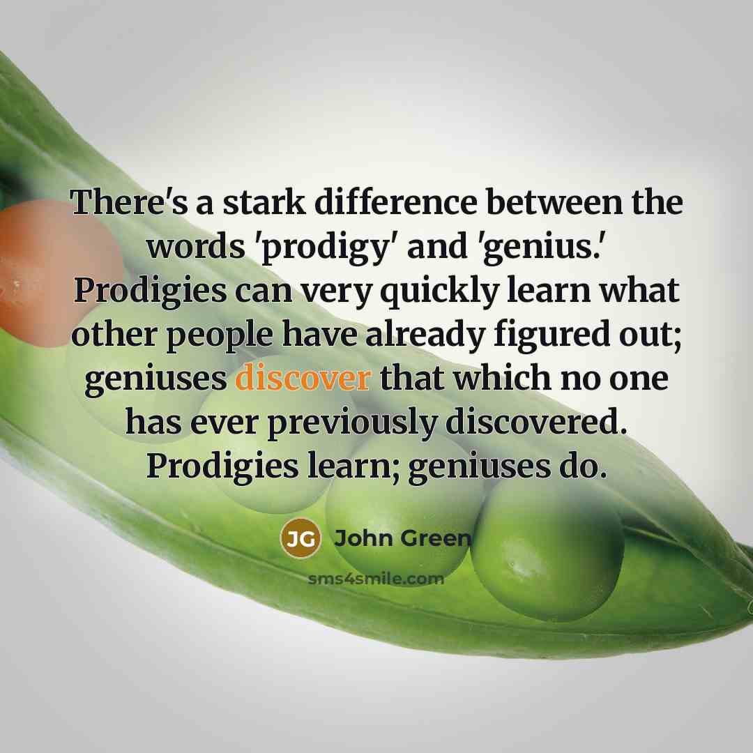 “There's a stark difference between the words 'prodigy' and 'genius.' Prodigies can very quickly learn what other people have already figured out; geniuses discover that which no one has ever previously discovered. Prodigies learn; geniuses do.” quote by John Green