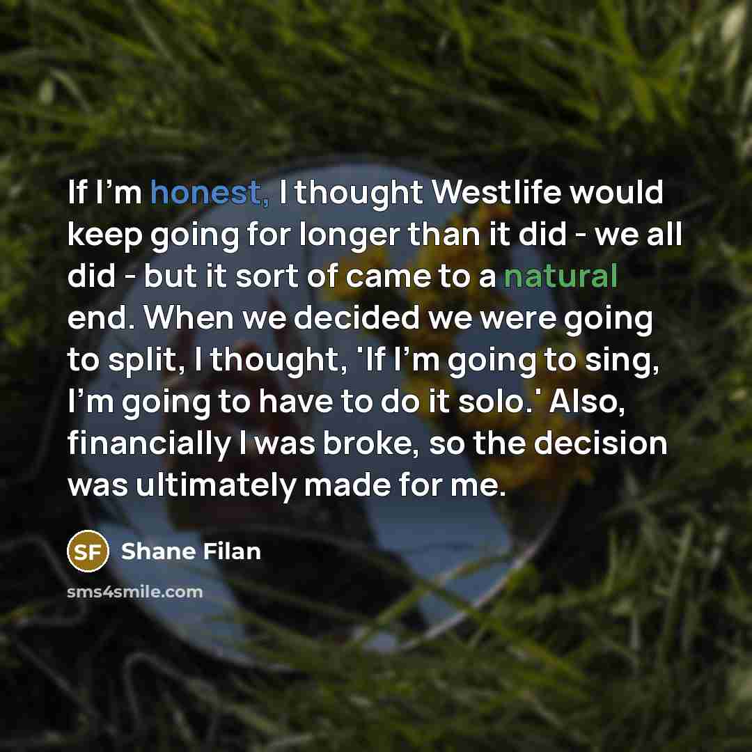 “If I'm honest, I thought Westlife would keep going for longer than it did - we all did - but it sort of came to a natural end. When we decided we were going to split, I thought, 'If I'm going to sing, I'm going to have to do it solo.' Also, financially I was broke, so the decision was ultimately…” quote by Shane Filan