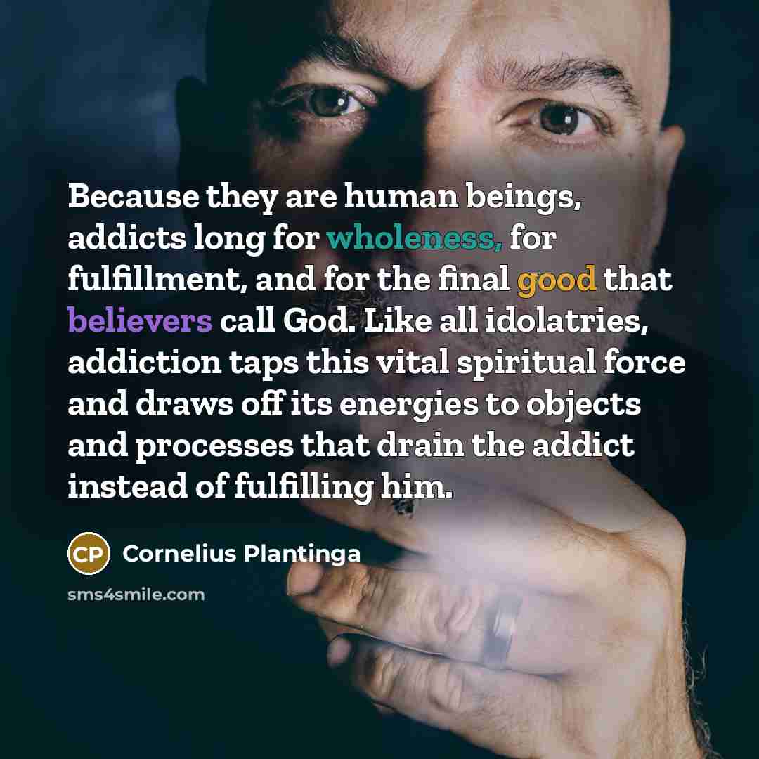 “Because they are human beings, addicts long for wholeness, for fulfillment, and for the final good that believers call God. Like all idolatries, addiction taps this vital spiritual force and draws off its energies to objects and processes that drain the addict instead of fulfilling him.” quote by Cornelius Plantinga