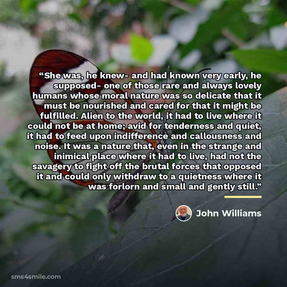 “She was, he knew- and had known very early, he supposed- one of those rare and always lovely humans whose moral nature was so delicate that it must be nourished and cared for that it might be fulfilled. Alien to the world, it had to live where it could not be at home; avid for tenderness and…” quote by John Williams