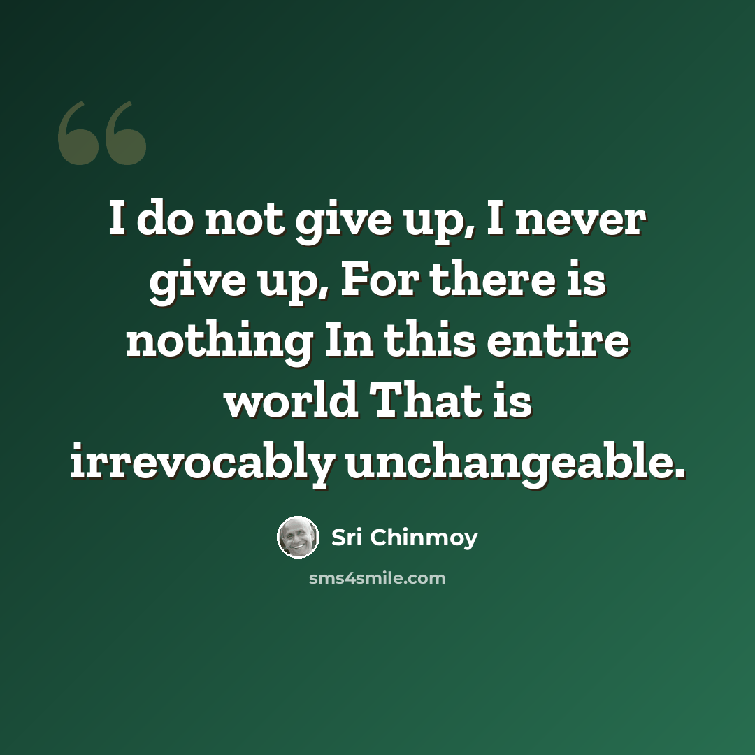 “I do not give up, I never give up, For there is nothing In this entire world That is irrevocably unchangeable.” quote by Sri Chinmoy