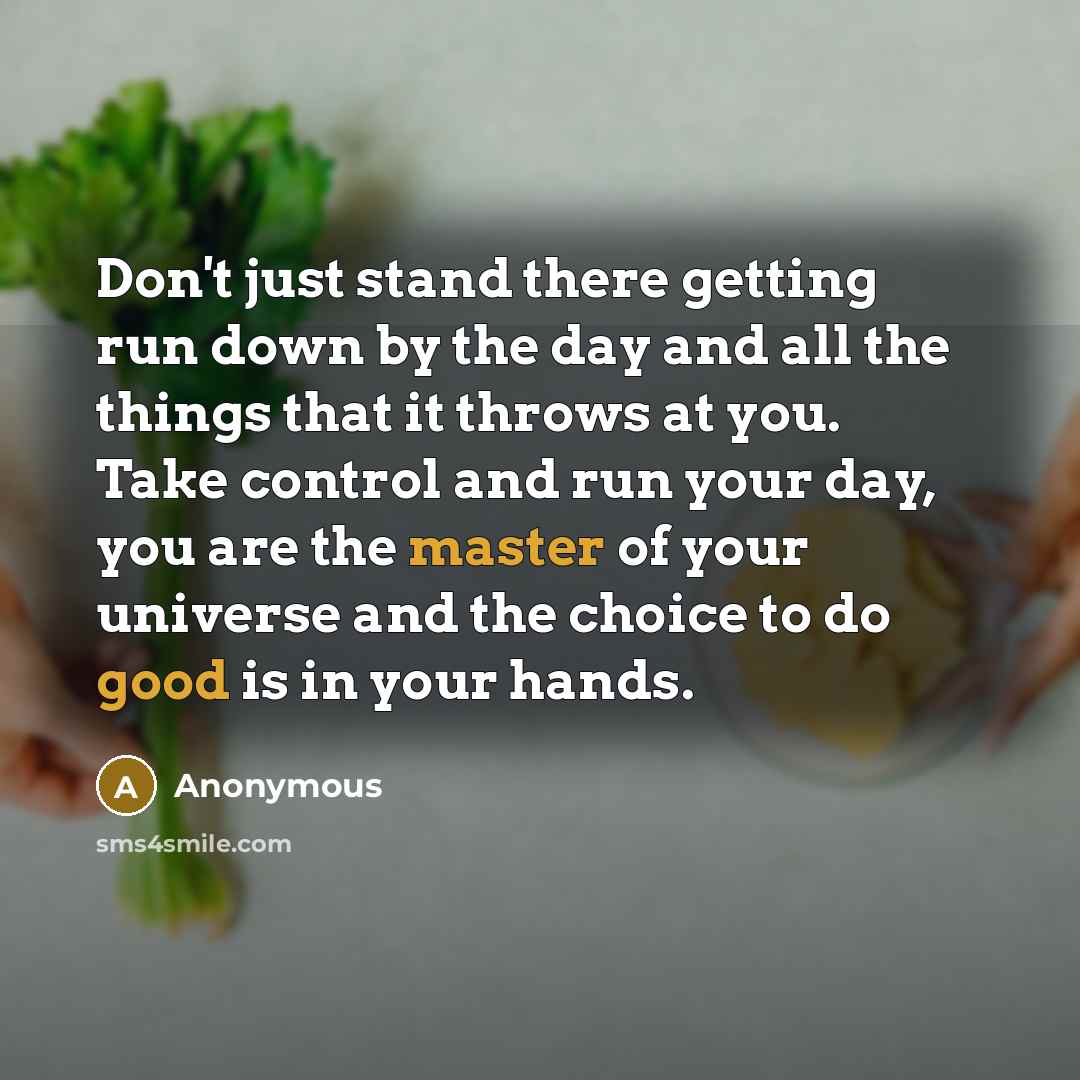 “Don't just stand there getting run down by the day and all the things that it throws at you. Take control and run your day, you are the master of your universe and the choice to do good is in your hands.” quote by Anonymous