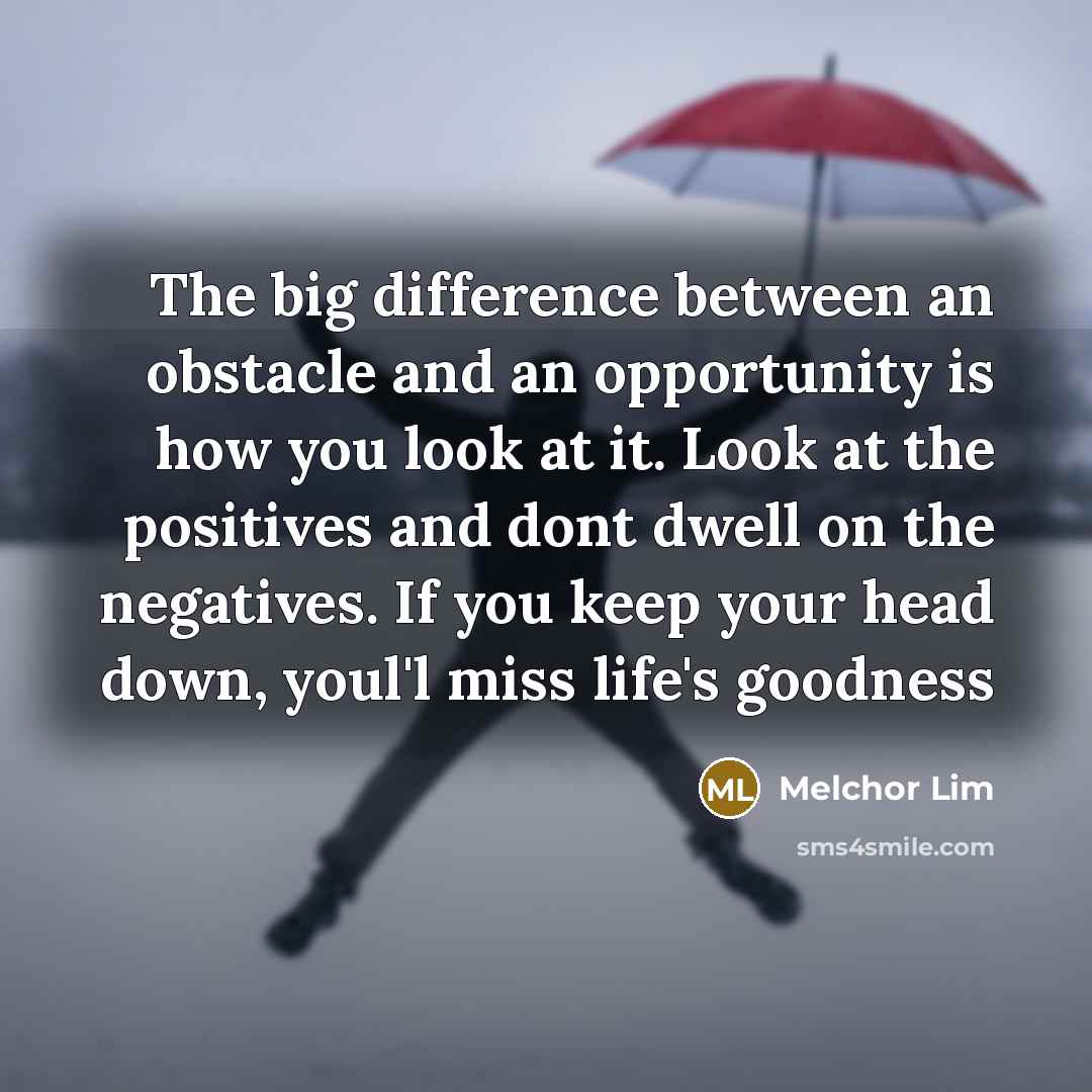 “The big difference between an obstacle and an opportunity is how you look at it. Look at the positives and dont dwell on the negatives. If you keep your head down, youl'l miss life's goodness” quote by Melchor Lim