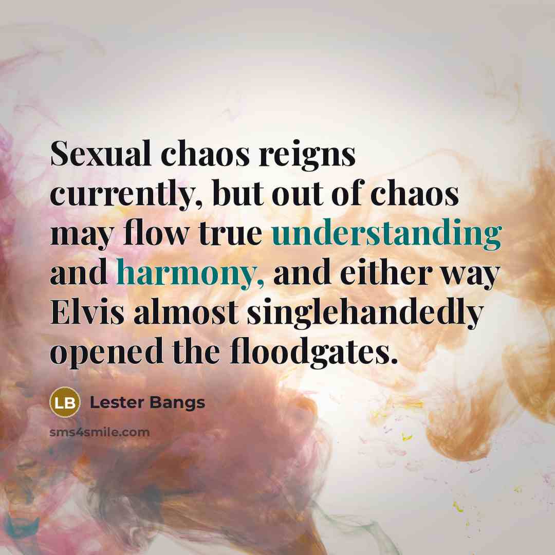 “Sexual chaos reigns currently, but out of chaos may flow true understanding and harmony, and either way Elvis almost singlehandedly opened the floodgates.” quote by Lester Bangs