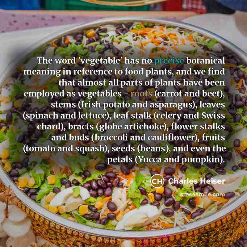 “The word 'vegetable' has no precise botanical meaning in reference to food plants, and we find that almost all parts of plants have been employed as vegetables - roots (carrot and beet), stems (Irish potato and asparagus), leaves (spinach and lettuce), leaf stalk (celery and Swiss chard), bracts…” quote by Charles Heiser