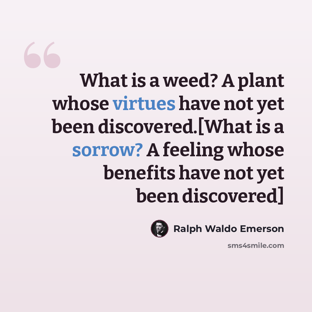 “What is a weed? A plant whose virtues have not yet been discovered.[What is a sorrow? A feeling whose benefits have not yet been discovered]” quote by Ralph Waldo Emerson