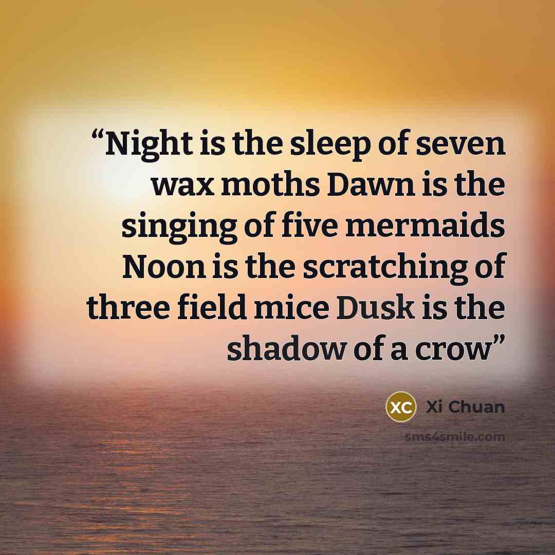 “Night is the sleep of seven wax moths Dawn is the singing of five mermaids Noon is the scratching of three field mice Dusk is the shadow of a crow” quote by Xi Chuan