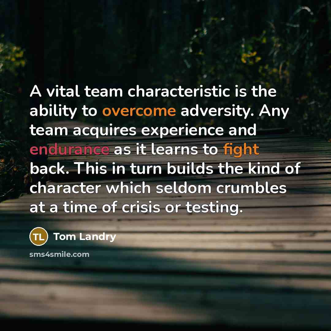 “A vital team characteristic is the ability to overcome adversity. Any team acquires experience and endurance as it learns to fight back. This in turn builds the kind of character which seldom crumbles at a time of crisis or testing.” quote by Tom Landry