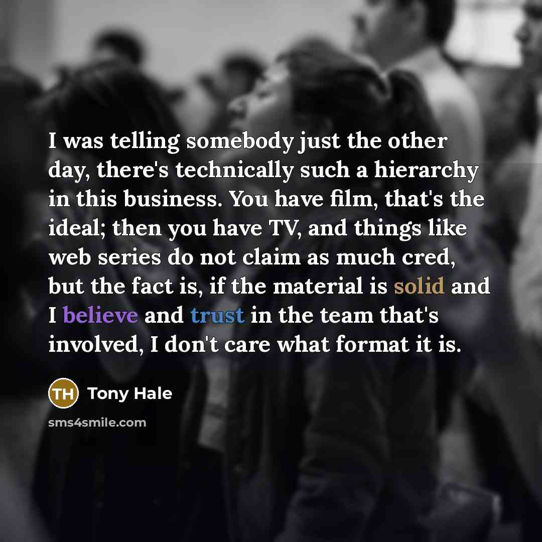 “I was telling somebody just the other day, there's technically such a hierarchy in this business. You have film, that's the ideal; then you have TV, and things like web series do not claim as much cred, but the fact is, if the material is solid and I believe and trust in the team that's involved…” quote by Tony Hale